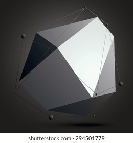 Geometric abstract 3D complicated lattice object over dark background, single color asymmetric element with wireframe structure and connected black and white lines.