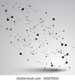 Geometric abstract 3D complicated lattice object, vector asymmetric element with wireframe structure and connected black lines.

