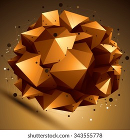 Geometric abstract 3D complicated lattice object, golden vector asymmetric element with wireframe structure.