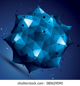 Geometric abstract 3D complicated lattice object, blue asymmetric element with wireframe structure.