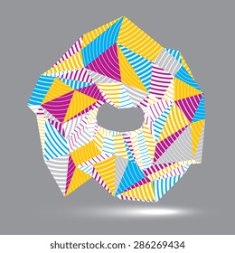 Geometric abstract 3D complicated striped vector object, colorful asymmetric three-dimensional element isolated.