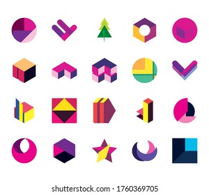 geometric and abstract 3d shapes flat style icon set design, and figure theme Vector illustration