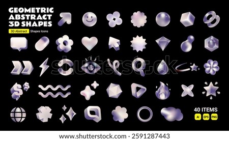 Geometric Abstract 3D Shapes Icons Set Silver Metallic color, Futuristic holographic isolated element vector illustration collection