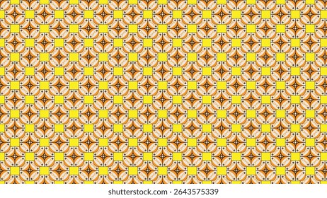 Geometric abstract art featuring a repeating yellow and orange symmetrical design pattern, evoking a contemporary and vibrant artistic appeal.