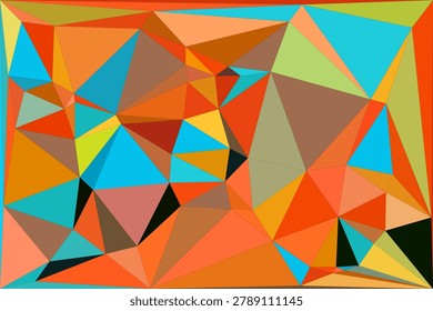 Geometric abstract art, orange, blue, green, brown, triangle shapes, polygon design, modern graphic background.