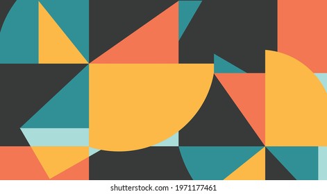 Geometric abstract art. Simple shapes: triangles, squares, circles. Pattern for background, wallpapers. Minimalist, chaotic, bold, colorful.