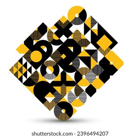 Geometric abstract art, vector geometrical background with tiles of circles and other shapes, stripy texture modernism style linear motif, creative design.