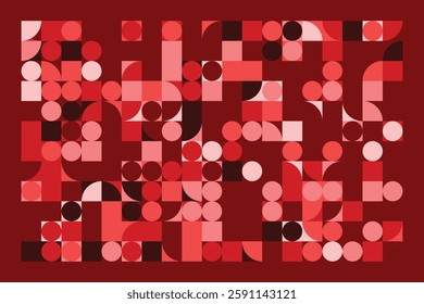 A geometric abstract artwork composed of red and pink shapes, including squares, circles, and quarter circles. The structured arrangement creates a dynamic, modern, and visually engaging composition.