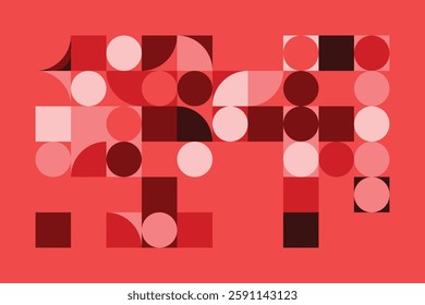 A geometric abstract artwork composed of red and pink shapes, including squares, circles, and quarter circles. The structured arrangement creates a dynamic, modern, and visually engaging composition.