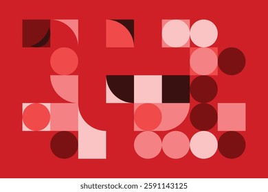 A geometric abstract artwork composed of red and pink shapes, including squares, circles, and quarter circles. The structured arrangement creates a dynamic, modern, and visually engaging composition.