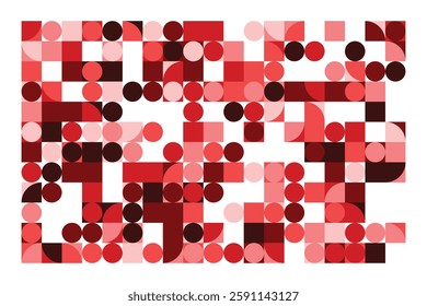 A geometric abstract artwork composed of red and pink shapes, including squares, circles, and quarter circles. The structured arrangement creates a dynamic, modern, and visually engaging composition.