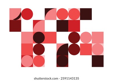 A geometric abstract artwork composed of red and pink shapes, including squares, circles, and quarter circles. The structured arrangement creates a dynamic, modern, and visually engaging composition.