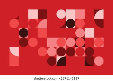 A geometric abstract artwork composed of red and pink shapes, including squares, circles, and quarter circles. The structured arrangement creates a dynamic, modern, and visually engaging composition.