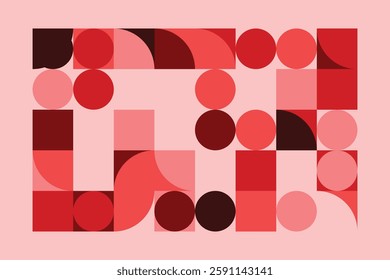 A geometric abstract artwork composed of red and pink shapes, including squares, circles, and quarter circles. The structured arrangement creates a dynamic, modern, and visually engaging composition.