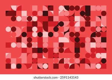A geometric abstract artwork composed of red and pink shapes, including squares, circles, and quarter circles. The structured arrangement creates a dynamic, modern, and visually engaging composition.