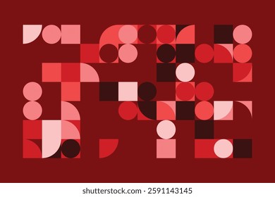 A geometric abstract artwork composed of red and pink shapes, including squares, circles, and quarter circles. The structured arrangement creates a dynamic, modern, and visually engaging composition.