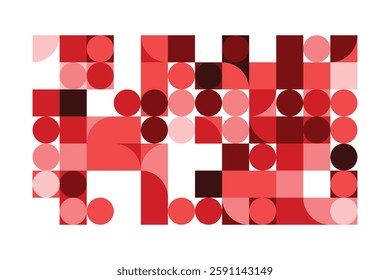 A geometric abstract artwork composed of red and pink shapes, including squares, circles, and quarter circles. The structured arrangement creates a dynamic, modern, and visually engaging composition.