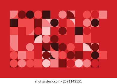 A geometric abstract artwork composed of red and pink shapes, including squares, circles, and quarter circles. The structured arrangement creates a dynamic, modern, and visually engaging composition.