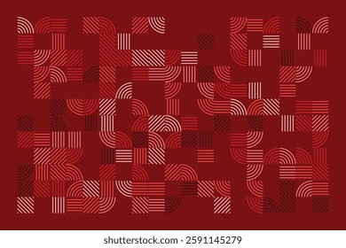 A geometric abstract artwork featuring red and pink linear patterns, including diagonal, curved, and parallel lines. The structured grid composition creates a visually striking, modern design.