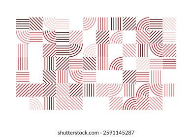 A geometric abstract artwork featuring red and pink linear patterns, including diagonal, curved, and parallel lines. The structured grid composition creates a visually striking, modern design.