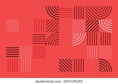 A geometric abstract artwork featuring red and pink linear patterns, including diagonal, curved, and parallel lines. The structured grid composition creates a visually striking, modern design.