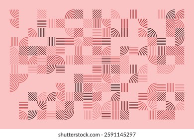 A geometric abstract artwork featuring red and pink linear patterns, including diagonal, curved, and parallel lines. The structured grid composition creates a visually striking, modern design.