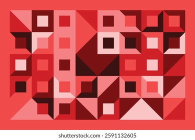 A geometric abstract artwork featuring a structured pattern of red squares and triangles. The symmetrical yet dynamic composition blends sharp angles and bold colors, creating a striking visual effect