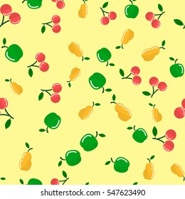 Geometric abstract background apple, pear, peach, plum on yellow background . Beautiful seamless pattern for your design. Vector illustration