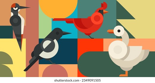 Geometric abstract background with birds in color flat minimal style. Duck, red cardinal, woodpecker, magpie. Creative composition design banner. Bright bauhaus graphic design. Vector illustration.