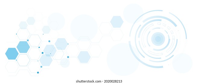 Geometric abstract background with blue hexagons and circular. Structure molecule and communication. Science, technology and medical concept. Vector illustration