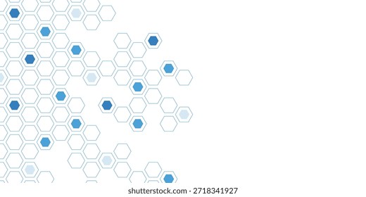 Geometric abstract background with blue hexagons. Minimalist molecular structure and communication. Suitable for science, technology and medical concept. Vector illustration