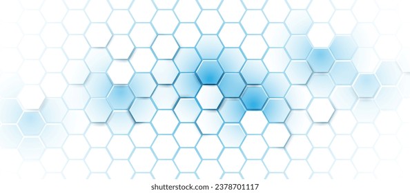 Geometric abstract background with blue and white hexagon pattern. Futuristic, digital hi-tech, Technology, Science, and Healthcare Concepts banner. Vector illustration