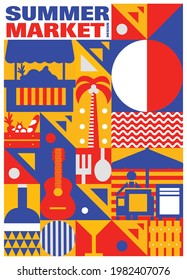 Geometric Abstract Background. Blue Yellow and Red Summer Market Poster.Vector illustration