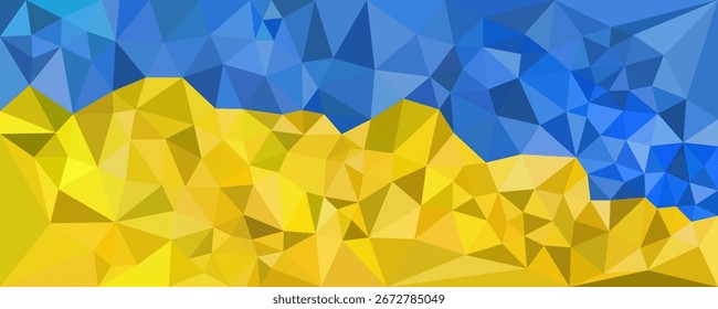 Plano de fundo geométrico abstrato com formas de polígono azul e amarelo formando um design moderno de baixo poli.