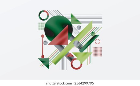 Geometric Abstract Background with Bold Shapes and Contrasting Colors. Circles, triangles, squares and lines with shadow effect