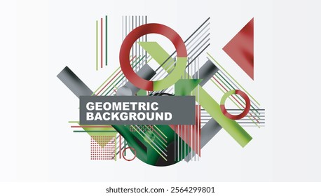 Geometric Abstract Background with Bold Shapes and Contrasting Colors. Circles, triangles, squares and lines with shadow effect
