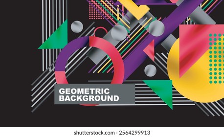 Geometric Abstract Background with Bold Shapes and Contrasting Colors. Circles, triangles, squares and lines with shadow effect