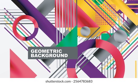 Geometric Abstract Background with Bold Shapes and Contrasting Colors. Circles, triangles, squares and lines with shadow effect