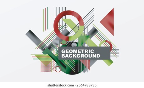 Geometric Abstract Background with Bold Shapes and Contrasting Colors. Circles, triangles, squares and lines with shadow effect