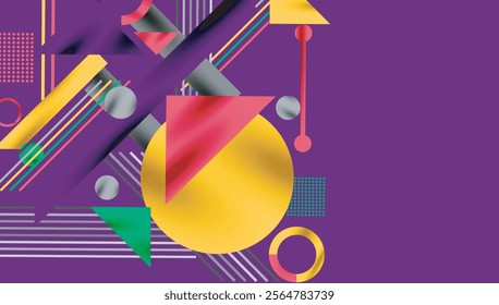 Geometric Abstract Background with Bold Shapes and Contrasting Colors. Circles, triangles, squares and lines with shadow effect