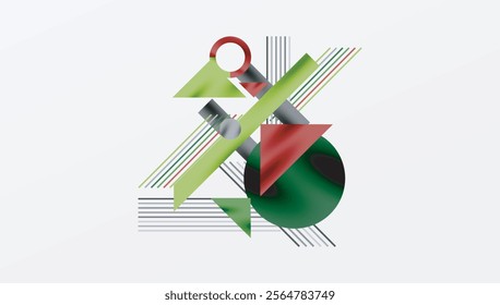 Geometric Abstract Background with Bold Shapes and Contrasting Colors. Circles, triangles, squares and lines with shadow effect