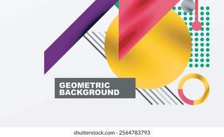 Geometric Abstract Background with Bold Shapes and Contrasting Colors. Circles, triangles, squares and lines with shadow effect