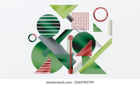 Geometric Abstract Background with Bold Shapes and Contrasting Colors. Circles, triangles, squares and lines with shadow effect