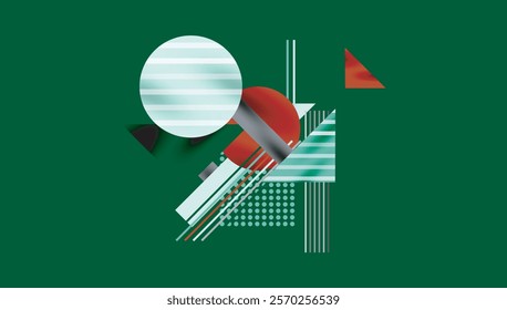 Geometric Abstract Background with Bold Shapes and Contrasting Colors. Circles, triangles, squares and lines with shadow effect