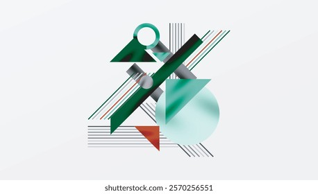 Geometric Abstract Background with Bold Shapes and Contrasting Colors. Circles, triangles, squares and lines with shadow effect