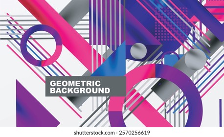 Geometric Abstract Background with Bold Shapes and Contrasting Colors. Circles, triangles, squares and lines with shadow effect