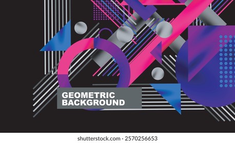 Geometric Abstract Background with Bold Shapes and Contrasting Colors. Circles, triangles, squares and lines with shadow effect