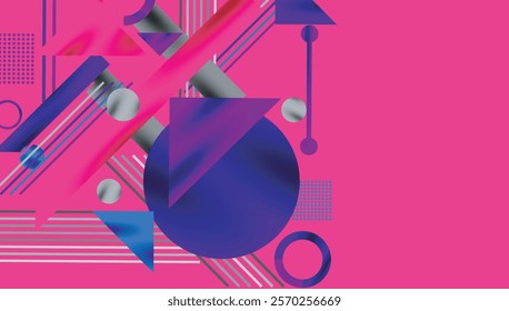 Geometric Abstract Background with Bold Shapes and Contrasting Colors. Circles, triangles, squares and lines with shadow effect