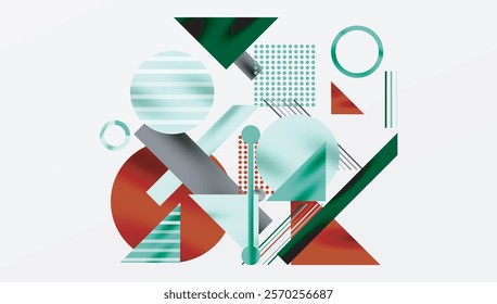 Geometric Abstract Background with Bold Shapes and Contrasting Colors. Circles, triangles, squares and lines with shadow effect