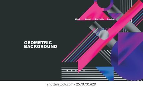 Geometric Abstract Background with Bold Shapes and Contrasting Colors. Circles, triangles, squares and lines with shadow effect